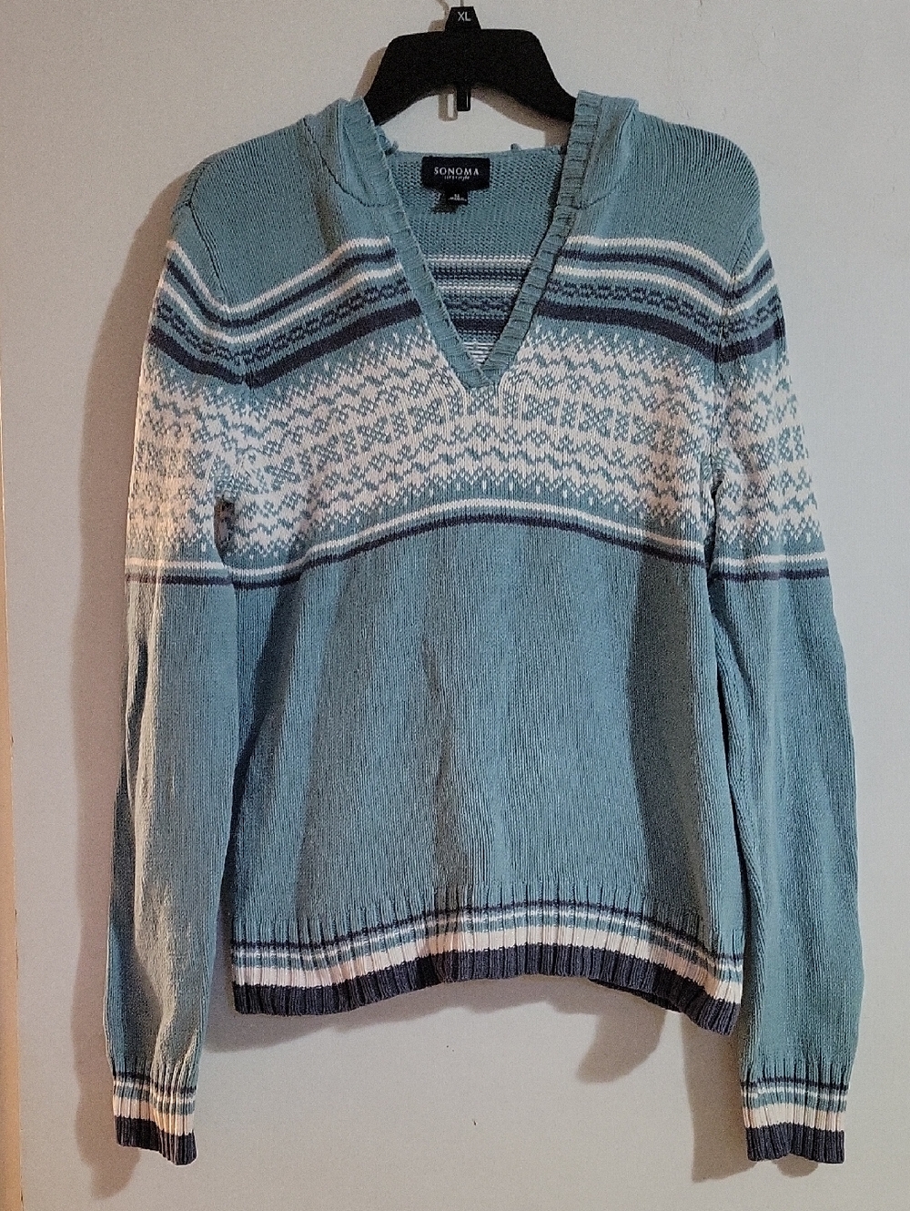 Sonoma Light Blue and White V-Neck Fair Isle Sweater